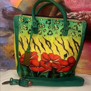 Anuschka animal print green and red poppy floral handbag